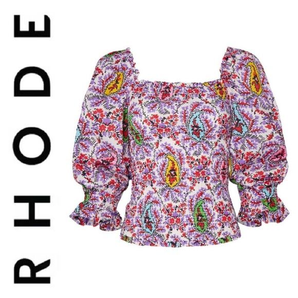 RHODE Purple long sleeve square neck smocked Alicia top size medium m - Picture 1 of 13